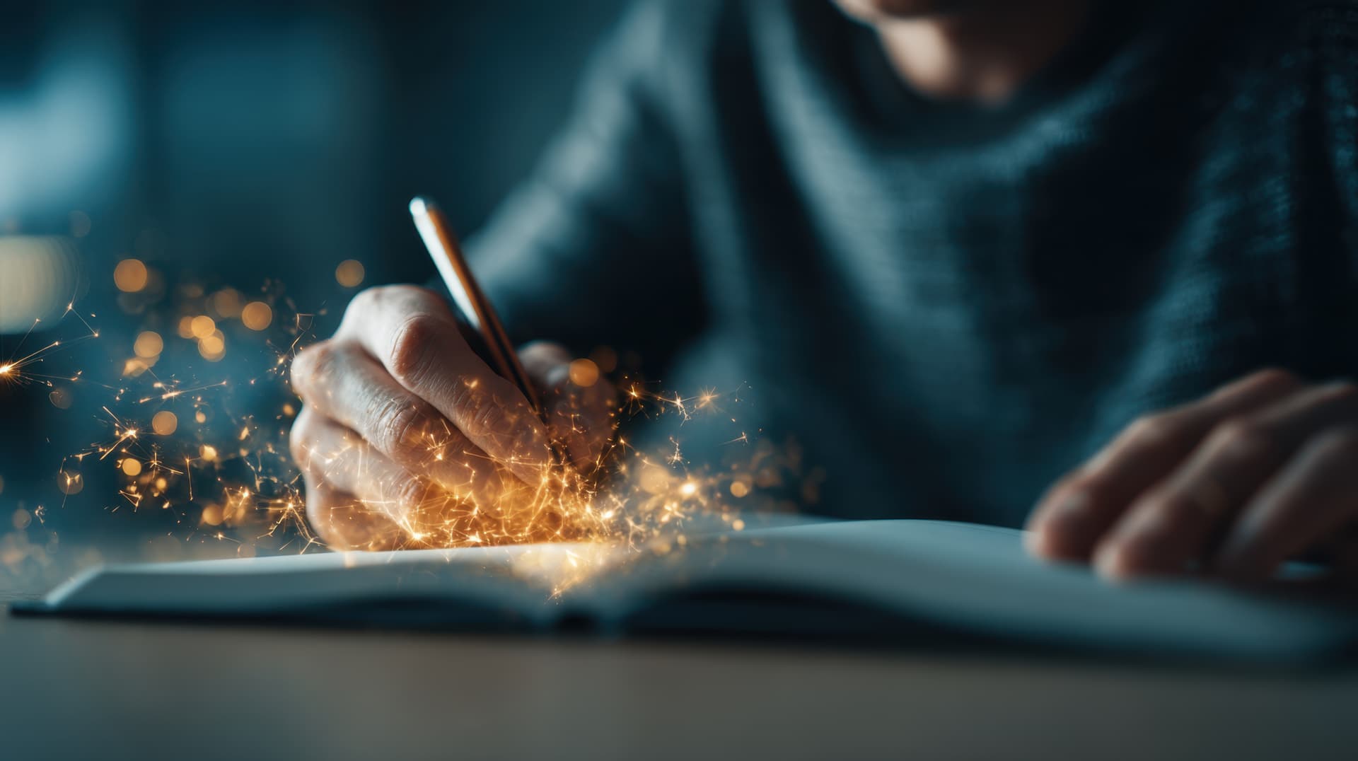Schreibender Hand mit magischen Funken auf Papier
