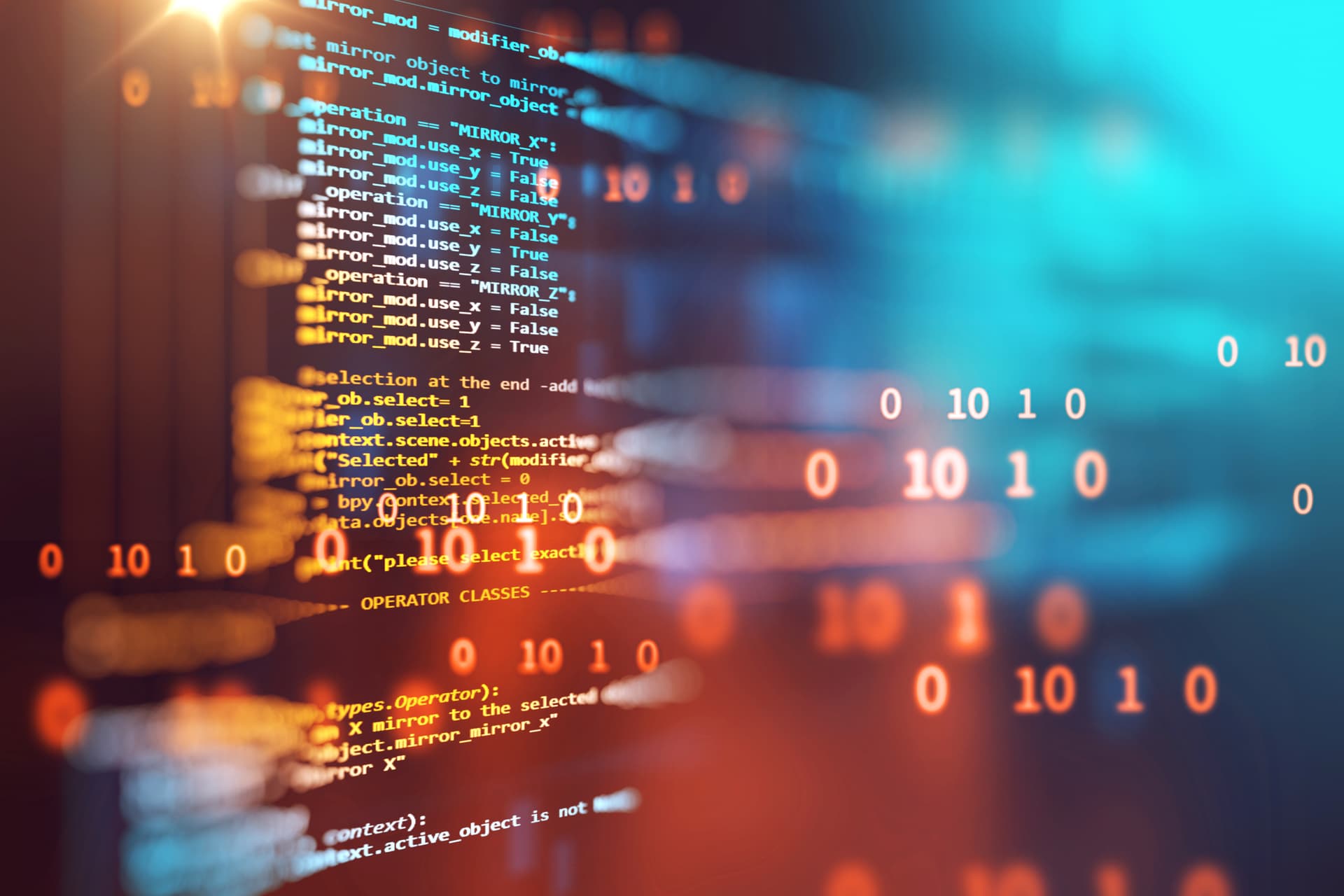 Leuchtende Binärcode- und Programmiersprache-Collage.